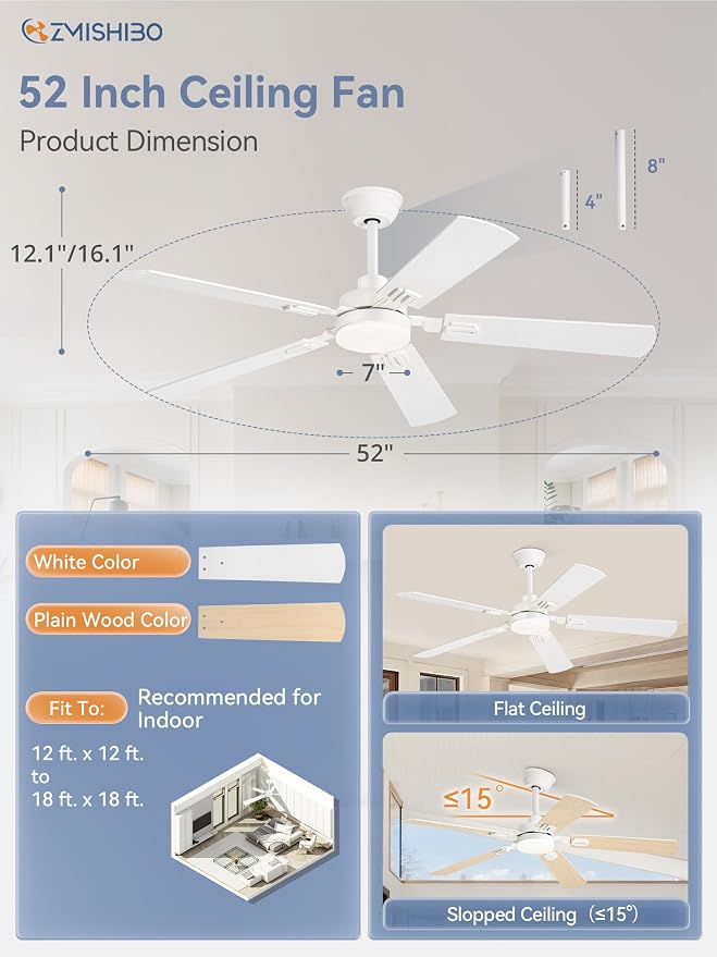 ZMISHIBO 52" Ceiling Fans with Lights, White Modern Ceiling Fan with Remote & App Control, bedroom Indoor Ceiling Fan with Dual Finish Blades, Quiet & Strong Motor, 24W Dimmable Bright LED Light.