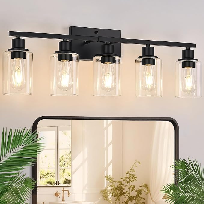 Indoi 5-Light Bathroom Light Fixtures, Matte Black Modern Vanity Lights with Clear Glass Shades, Bathroom Wall Lamp for Mirror Living Room Cabinet Bedroom Porch