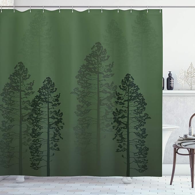 Ambesonne Country Shower Curtain, Pine Trees in The Forest on Foggy Seem Ombre Backdrop Wildlife Adventure Artwork, Cloth Fabric Bathroom Decor Set with Hooks, 69" W x 84" L, Forest Green
