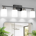 Ascher Bathroom Light Fixtures, 4-Light Vanity Light Over Mirror, Black and Nickel Wall Sconces with Milky White Frosted Glass Shades, Wall Lamp for Living Room Bedroom, E26 Base(Bulbs Not Included)