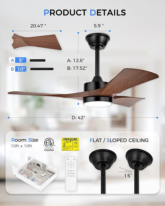 42" Ceiling Fan with Light, Damp Rated for Covered Outdoor Patio, ABS Blades, Quiet DC Motor, 3CCT Dimmable LED, Remote Control, Modern Indoor Outdoor Fan, ZCCF08WD-42