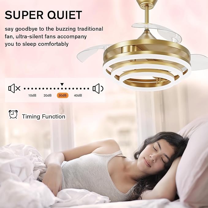 TXCSLY Retractable Ceiling Fan, 42 Inch Chandelier Ceiling Fans with Light, Modern Fandelier Ceiling Fan for Bedroom Living Room Dinning Room, Reverse Motor, 3 Color, 6 Wind Speed, Gold