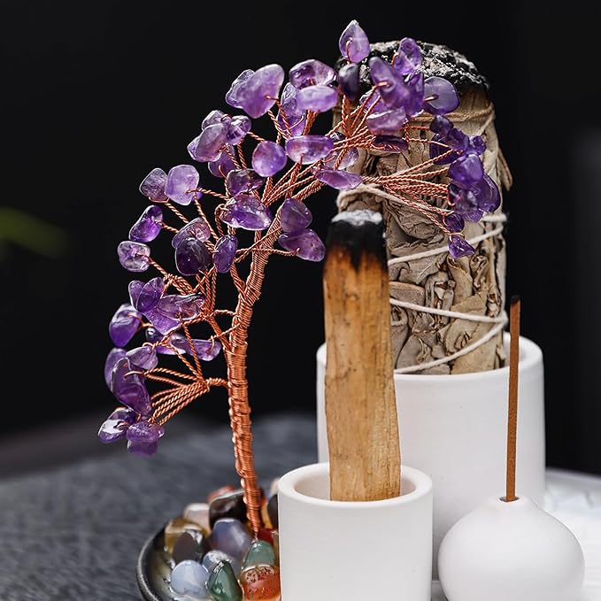 5 in 1 Incense Burner Holder with Crystal Tree for Burning Palo Santo Stick, Sage, Incense Sticks, Candle, Ceramic Tray Ash Catcher, Meditation Gift (Purple)