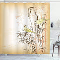 Ambesonne Asian Themed Shower Curtain, Leaf and Birds on The Branch Pine Grass Illustration on Peachy Back, Cloth Fabric Bathroom Decor Set with Hooks, 69" W x 70" L, Yellow Brown Cream