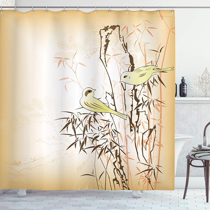 Ambesonne Asian Themed Shower Curtain, Leaf and Birds on The Branch Pine Grass Illustration on Peachy Back, Cloth Fabric Bathroom Decor Set with Hooks, 69" W x 70" L, Yellow Brown Cream