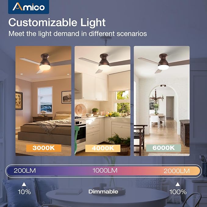 Amico Ceiling Fans with Lights, 42 inch Low Profile Ceiling Fan with Light and Remote Control, Flush Mount, Reversible, 3CCT, Dimmable, Noiseless, Brown Ceiling Fan for Bedroom, Indoor/Outdoor Use