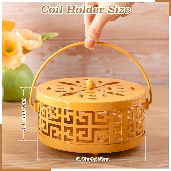 Lallisa 4 Pieces Mosquito Coil Holder Incense Coil Holder Round Retro Portable Metal Hanging Incense Burner with Handle for Home Camping Indoor Outdoor Patio(Yellow)