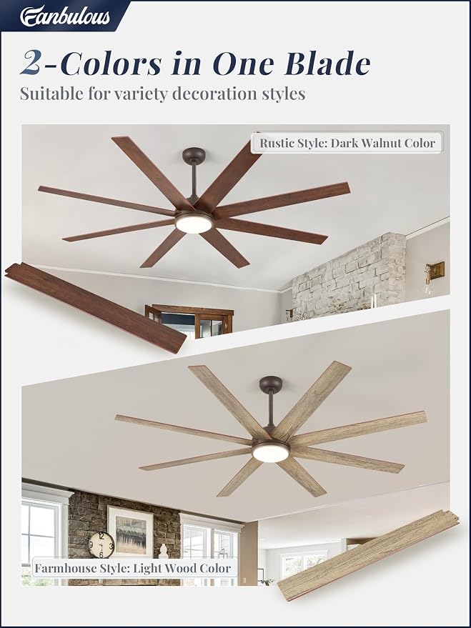 Fanbulous 74 Inch Ceiling Fans with Lights and Remote, Walnut Indoor/Outdoor Ceiling Fan with Quiet Reversible DC Motor, 6 Speeds, 3CCT, 8 Blades Large Ceiling Fan for Living Room Bedroom Patio