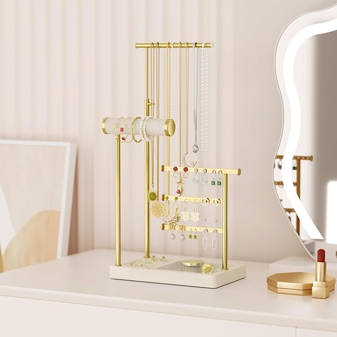 SZQINJI 5 Tier Jewelry Holder Organizer, Gold Necklace Stand Display, Beige | Velvet Bracelet Holder, Adjustable Height Jewelry Display for Necklaces, Bracelets, Earrings, Rings, Gift Idea for Women