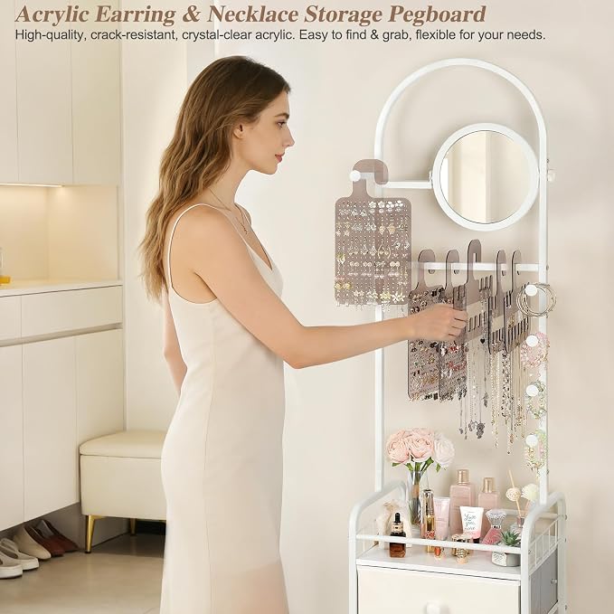 Keebofly Floor Jewelry Organizer with Adjustable Mirror & Drawer | 67.5" Tall Mobile Jewelry Tower with 6 Acrylic Pegboards, Large Drawer & Wheels, Perfect Floor Organizer for Women
