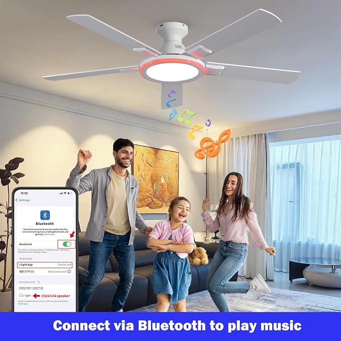 52" Ceiling Fans with Lights,Flush Mount Ceiling Fan with Light and Remote/App Control.Bluetooth Ceiling Fan with Speaker,6-Speed Reversible Motor,Full-Spectrum Adjustable Lighting,Edge Ambient Lights
