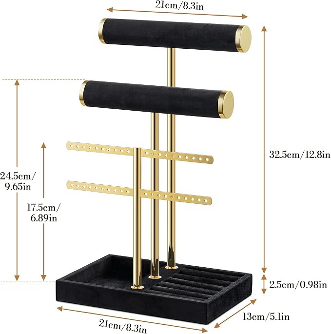 Bracelet Holder Jewelry Organizer Display - 3 Tier T Bar Velvet Stand, Black Jewelry Storage for Bracelet, Necklaces, Earrings, Rings, Watches