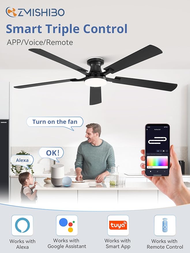 ZMISHIBO 60 Inch Ceiling Fans with RGB Lights, Low Profile Flush Mount Ceiling Fan with Alexa/App/Remote, Dimmable 20W LED Light, Black Modern Fan for Living Room, Bedroom, Game Room