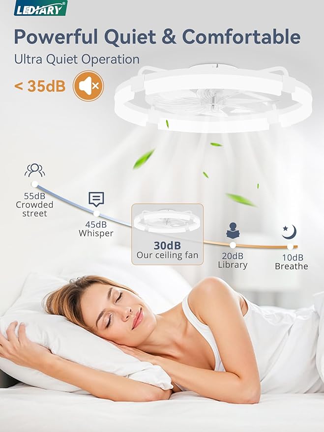 LEDIARY 24" Ceiling Fans with Lights and Remote, Modern Low Profile Ceiling Fan, 3 CCT, Stepless Dimmable, Fandelier Flush Mount Fan Light, 6 Speeds, DC Motor, App & Remote Control for Bedroom(White)