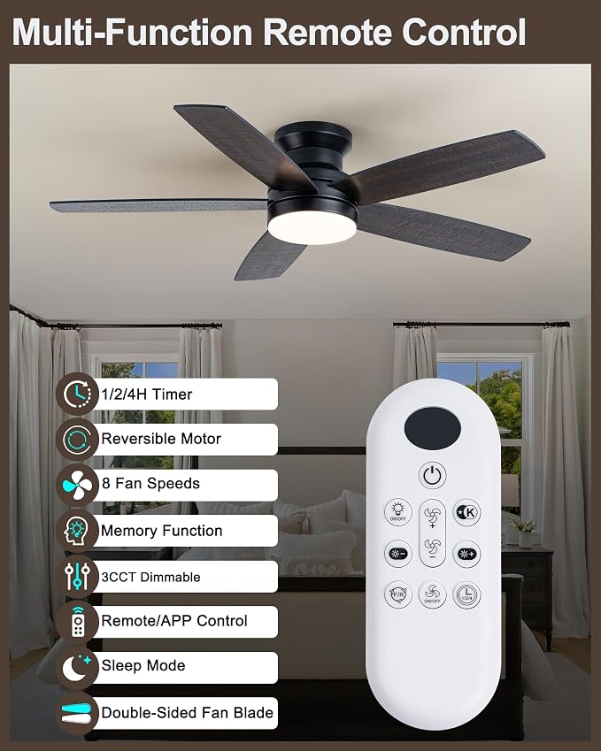 Coolwind 48in Flush Mount Ceiling Fan with Light, Display Remote/APP Control, Black Modern Silent Low Profile Ceiling Fan, 8 Speeds, Dimmable, 3CCT, DC Reversible Motor for Bedroom, Living Room