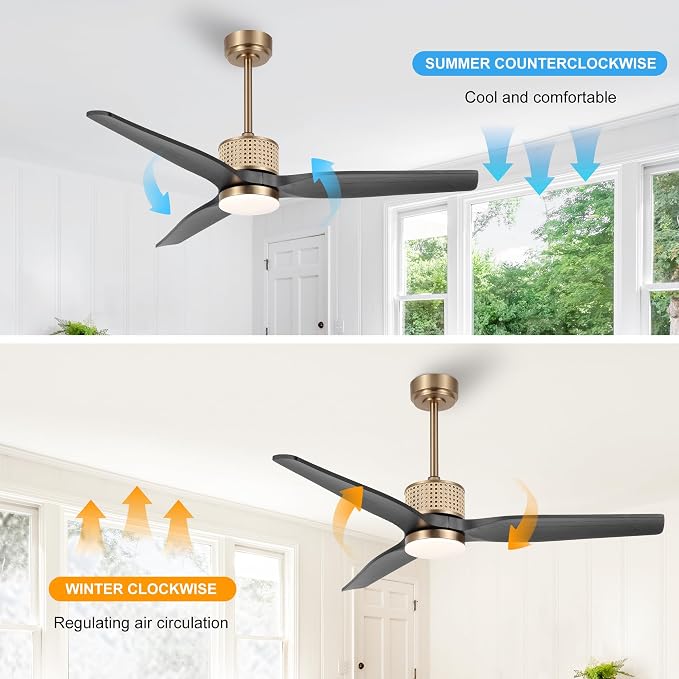 LEDLUX 52" Ceiling Fan with Light – Remote Control, Solid Wood, Quiet Reversible DC Motor, Black/Gold Finish, Includes 4.5"/12" Downrods, Noiseless Ceiling Fan for Bedroom, Living Room, Porch