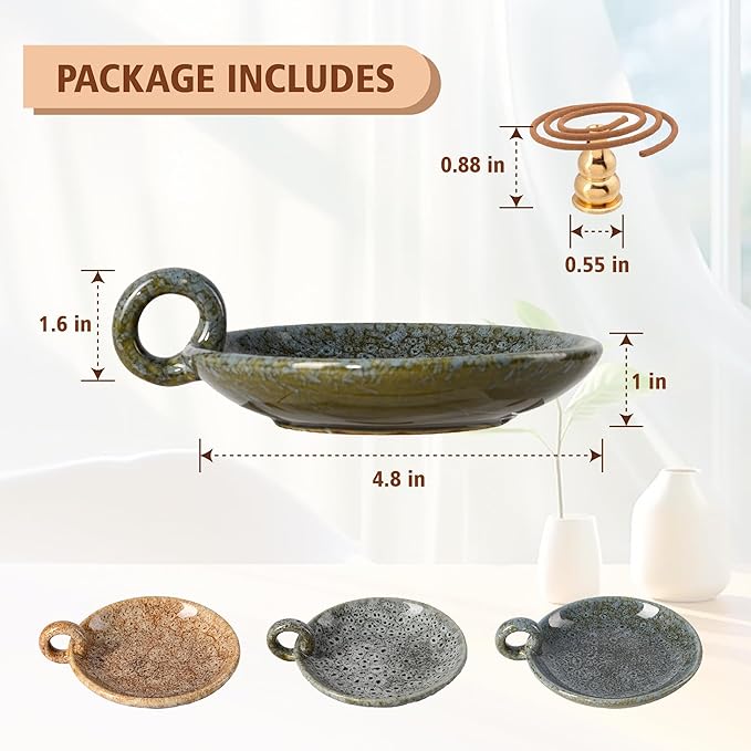 Ceramic Candle Holders with Handle, Palo Santo Holder for Burning, Vintage Farmhouse Smudge Incense Stick Bowl, Sage Burner Tray, Ash Catcher Plate for Meditation Room Home Decor (Blue Grey)