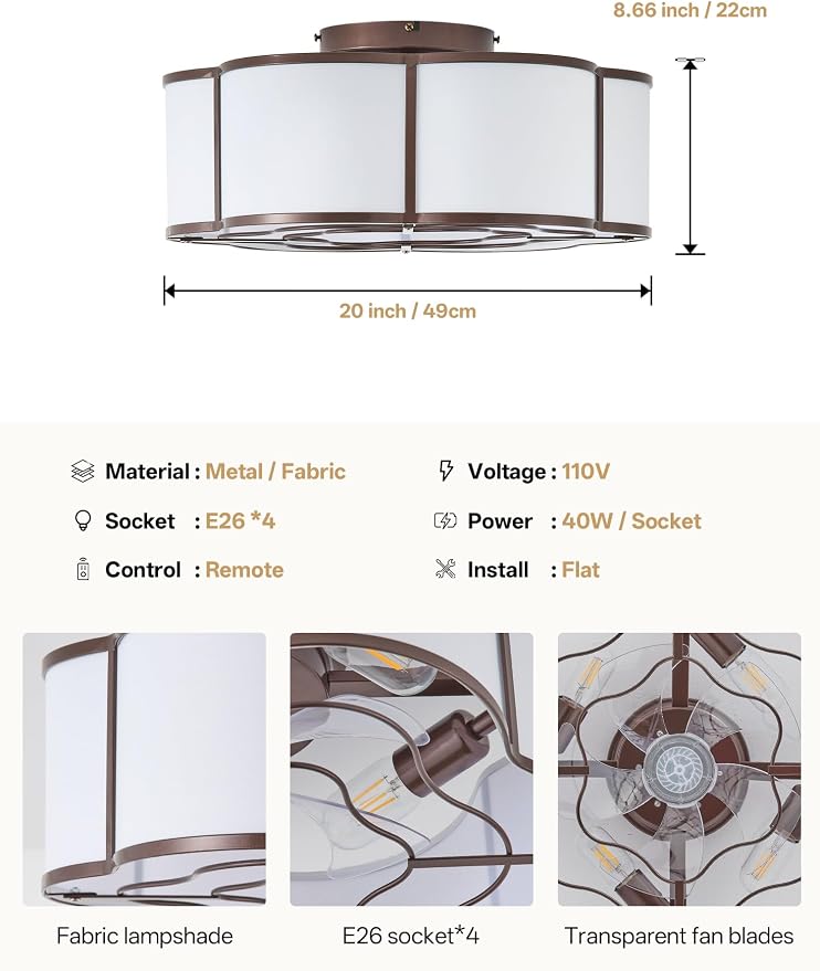 20" Farmhouse Ceiling Fan with Lights Flush Mount, Brown Enclosed Ceiling Fans with Lights Remote Control, Caged with 6 Speeds for Bedroom, Living Room, Nursery