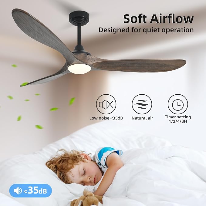 60” Outdoor Ceiling Fan with Light 3 Downrods, Smart Wood Ceiling Fan Compatible with Alexa/Google/App, 3 Blades Modern Walnut Wood Ceiling Fans for Kitchen Living Room Patio,Dark Brown
