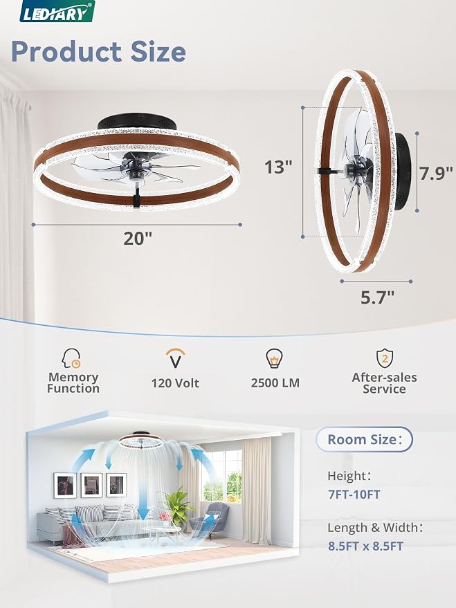 LEDIARY 20" Ceiling Fans with Lights and Remote, Low Profile Ceiling Fan with Light, 3000-6000K Dimmable Fandelier Ceiling Fans, Modern Flush Mount Fan Light for Bedroom with 6 Wind Speeds - Walnut