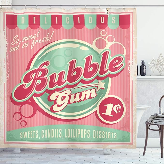 Ambesonne 1950s Shower Curtain, Bubble Gum Tasty Candy Lollipop Sugar Advertise Poster Style Print, Cloth Fabric Bathroom Decor Set with Hooks, 69" W x 70" L, Pink Magenta