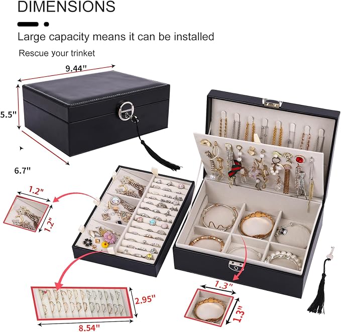 BOOVO Large Jewelry Boxes For Women (Black, 4 layer) | 4 Layers Jewelry Organizer Box With Cosmetic Storage Drawer, Necklace Ring Jewelry Organizer Box