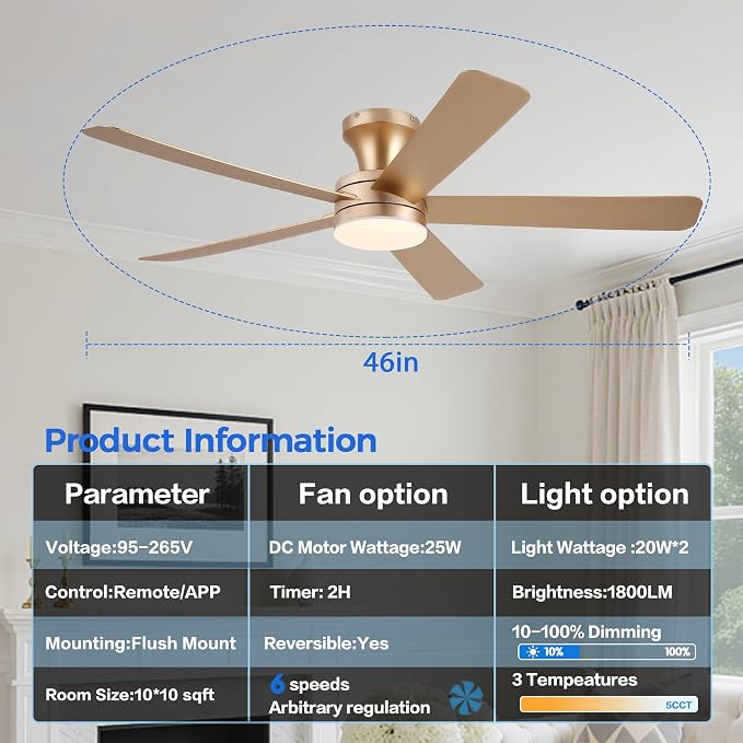 Ayaoty 46" Ceiling Fans with Lights and Remote - Flush Mount Ceiling Fan Light with ABS Blades and 3CCT Dimmable, Reversible, Low Profile Fan Light for Indoor Modern Bedroom, Kitchen Gold