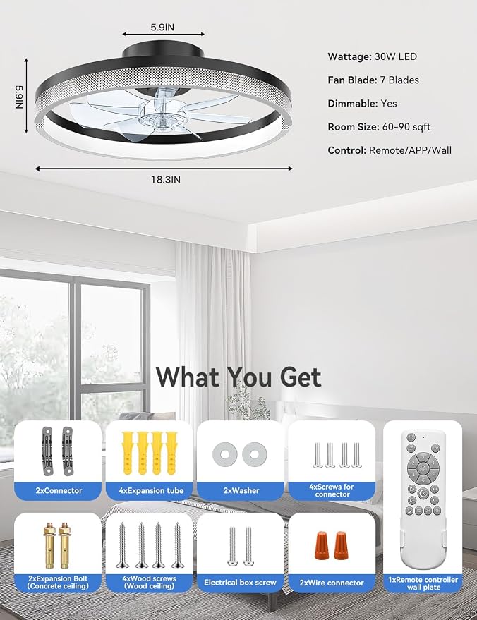 AKOFUN 18" Ceiling Fans with Lights and Remote, Low Profile Flush Mount Ceiling Fan with Light, 3000-6500K Dimmable LED Fan Light, Modern Bladeless Fandelier Ceiling Fans for Bedroom, Black Dot