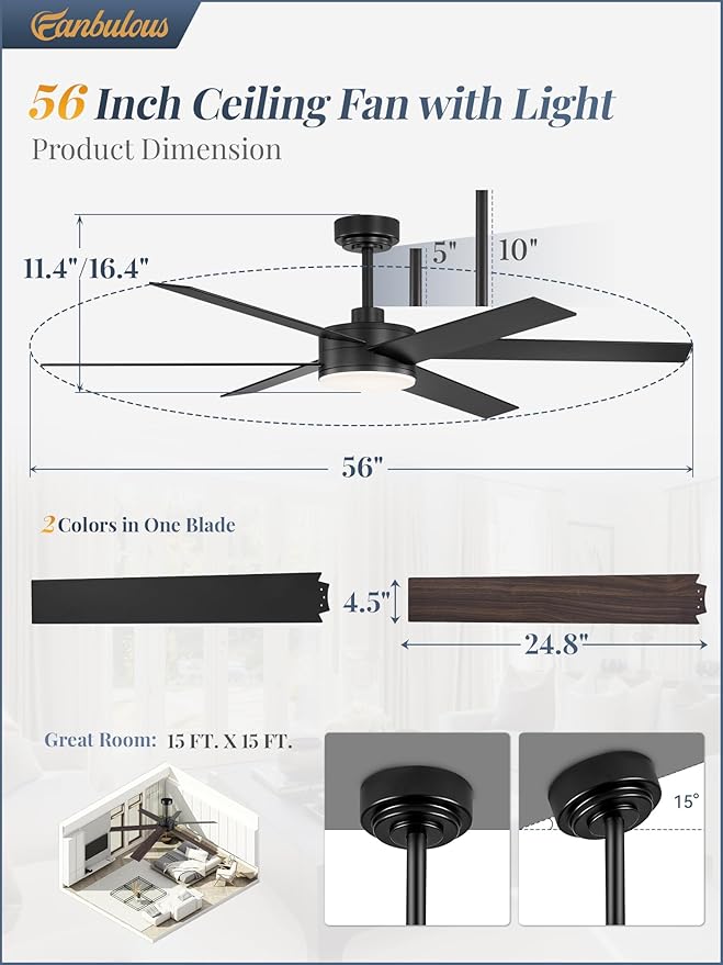 Fanbulous 56 Inch Ceiling Fans with Lights and Remote, Reversible 6 Blades, Dimmable, 3000K-6000K Adjustable, Outdoor Ceiling Fans for Patios, Large Ceiling Fan for Indoor or Covered Outdoor-Black