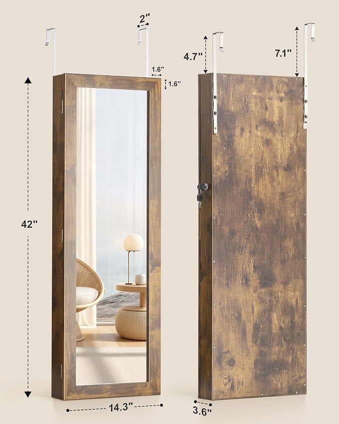 Nicetree 6 LEDs Mirror Jewelry Cabinet, Wall/Door Mounted,Rustic Brown | Lockable Mirror with Jewelry Storage, Over the Door Jewelry Organizer, Gift Idea, Easy Assembly, Auto-on Light