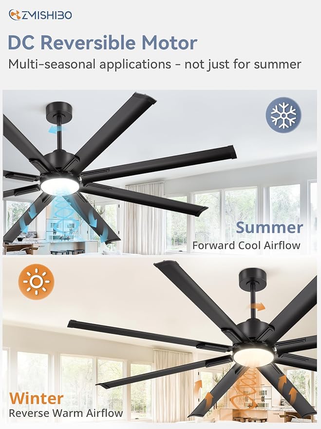 ZMISHIBO 72" Large Ceiling Fan with Lights, 8 Aluminum Reverisble Blades, Industrial Ceiling Fans with 3CCT, Quiet DC Motor, 6-Speed Remote, Indoor/Outdoor Ceiling Fans for Patios/Garage/Porch, Black