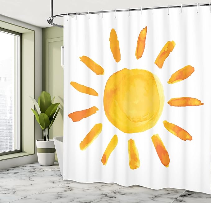 Ambesonne Grunge Shower Curtain, Sun Illustration Watercolor Brush Painting Style Playroom Picture, Cloth Fabric Bathroom Decor Set with Hooks, 69" W x 75" L, Yellow White
