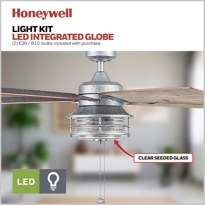 Honeywell Foxhaven Farmhouse 52 Inch Ceiling Fan with LED Light, Galvanized