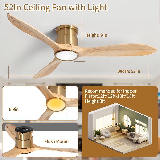 52inch Ceiling Fan with Lights,Wood Low Profile Ceiling Fans with Remote Control,Dimmable Light,3 CCT,6 Speeds,Noiseless DC Motor,Ceiling Fan for Bedroom,Living Room,Office,Indoor,Natural Wood Grain