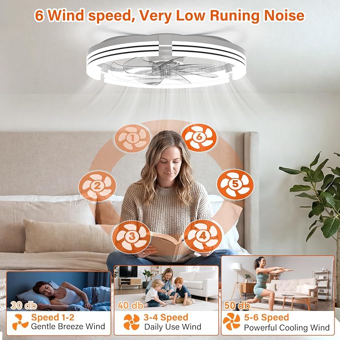 Ceiling Fans with Lights and Remote, 20'' Low Profile Ceiling Fan with APP Control, 3000K-6500K Dimmable, Quiet Reversible DC, Modern Flush Mount Fandelier for Bedroom (White-Stripe)