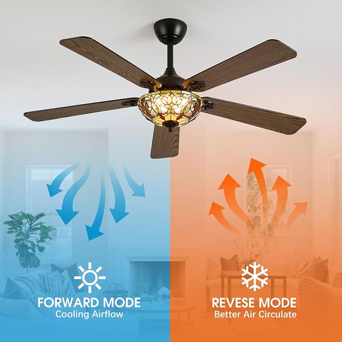 52" Tiffany Style Ceiling Fans with Lights, Vintage Chandelier Ceiling Fan with Stained Glass Shade, Dimmable LED, 6 Speeds Reversible for Bedroom (Art Nouveau)
