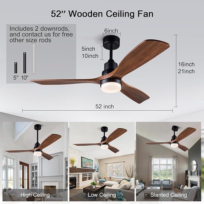 52 Inch Ceiling Fans with Lights and Remote Control, Outdoor Ceiling Fans for Patios; Black Ceiling Fan with Light for Bedroom Living Room, Solid Wood, 3CCT Dimmable, Memory Function