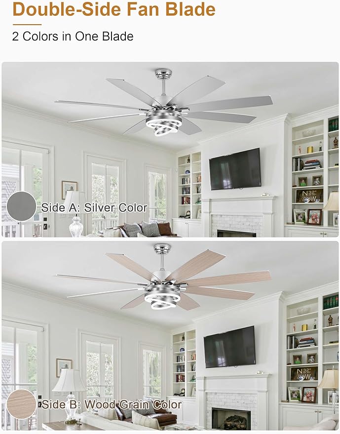72" Large Modern Ceiling Fans with Lights and Remote Control | Remote control, 6-speed reversible DC motor, dimmable, 3 adj rings, dual finish; recommended for living room and kitchen.