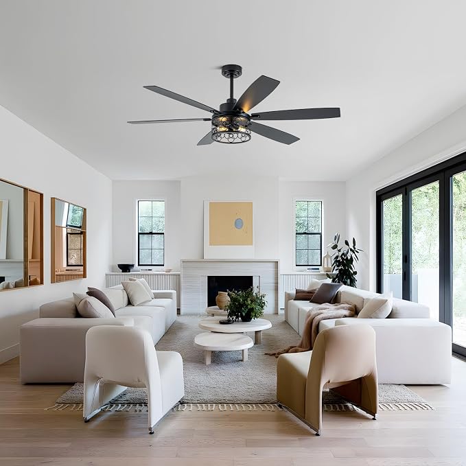 60 Inch Farmhouse Ceiling Fan with Light Industrial Ceiling Fan Rustic Caged Chandelier Fan for Living Room Bedroom Patio