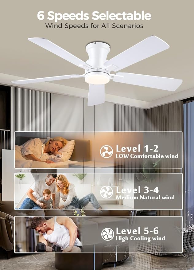 JSAITEE 52" Flush Mount Ceiling Fans with Lights Low Profile White | Modern Fans DC Reversible Motor, 3CCT Dimmable, 6 Speeds Fan Light for Indoor Bedroom, Kitchen, White