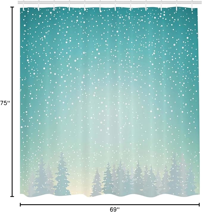 Ambesonne Winter Shower Curtain, Snow Falls on The Spruce Forest Fir Trees Seasonal Nature Woods ICY Cold Xmas, Cloth Fabric Bathroom Decor Set with Hooks, 69" W x 75" L, Turquoise White