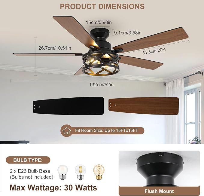 Qcyuui 52 Inch Farmhouse Ceiling Fan with Light and Remote Black Industrial Caged Flush Mount Ceiling Fan with Dual Finish 5 Blades 6 Speed Reversible Motor Rustic Ceiling Fan for Living room