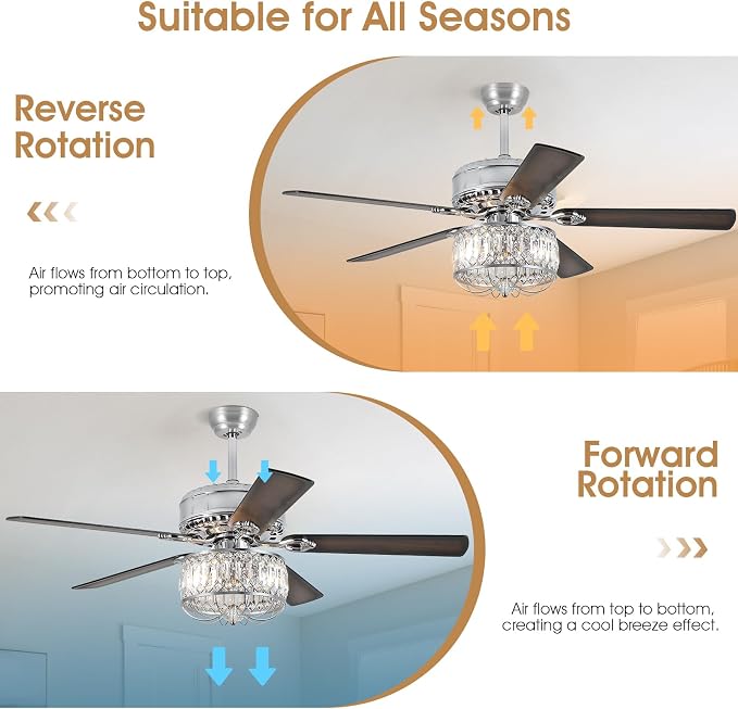 Kviflon Farmhouse Crystal Ceiling Fans with Lights and Remote, 52 Inch Chandelier Ceiling Fans, Chrome Fandelier Ceiling Fan for Bedroom Living Room, Quiet DC Motor, Reversible, Bulb not Included