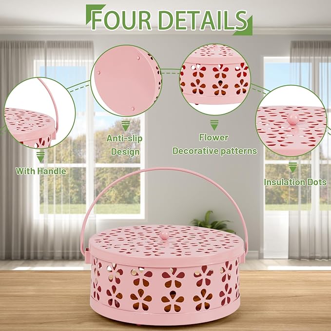Portable Iron Mosquito Coil Holder with Handle Round Heat-Resistant Incense Holder (2 Pack Pink)