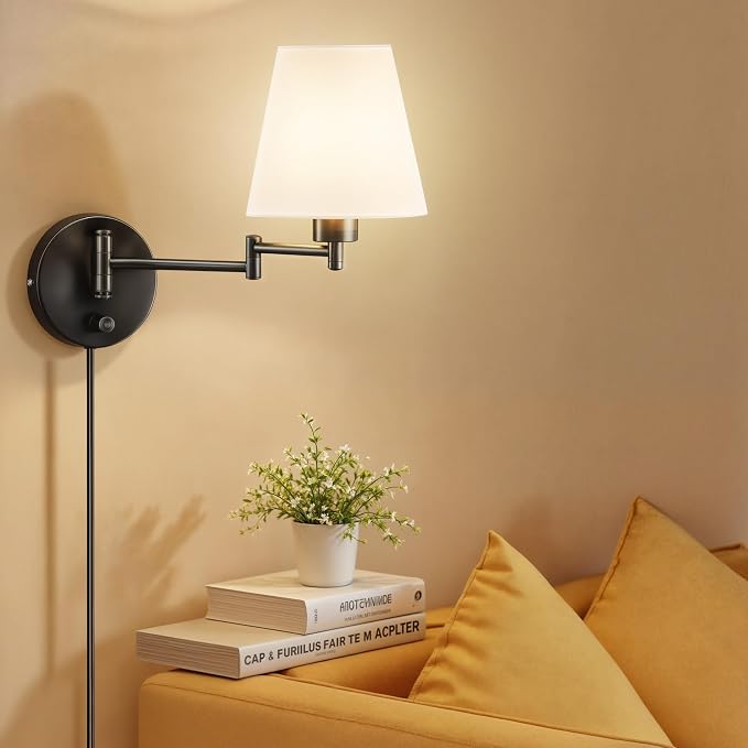 VONLUCE Wall Sconce Set of 2, Plug in & Hardwired Swing Arm Wall Lamps, Adjustable Wall Mounted Lighting Fixtures, Modern Wall Lights with Black Base White Fabric Shade for Bedside, Hallway, Study