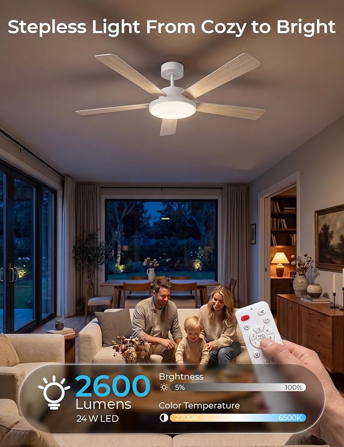 CINOTON Smart Ceiling Fan with Lights, 52'' RGBCW Ceiling Fan with Lights and Remote App Voice Control, Reversible DC Motor, 2600lm LED, 6 Speeds & 2 Fan Mode, Quiet Fan for Bedroom, Living Room White