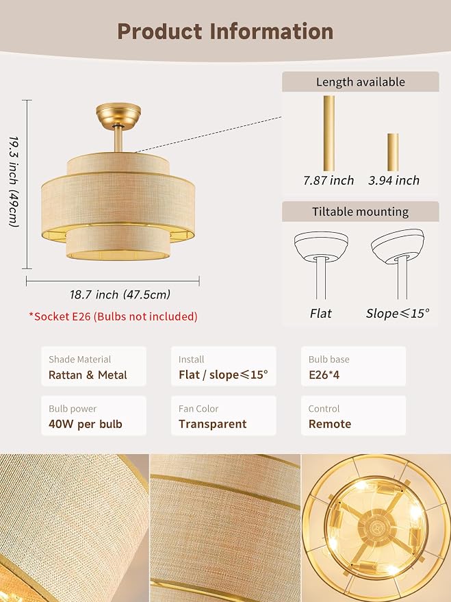 Boho Fandelier Ceiling Fan with Light Rattan Chandelier Fan Remote Gold Caged Ceiling Fan with Light for Bedroom, Living Room Nursery Foyer Kitchen（ Timing Adjustable Height）