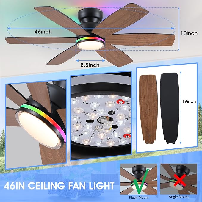 Kviflon 46 In Ceiling Fans with RGB Lights, Low Profile Ceiling Fan Remote/APP Control, Flush Mount, Double-Sided 6 Reversible Blades, RGB+3CCT Dimmable Lights, Double Lampshade for Bedroom, Brown