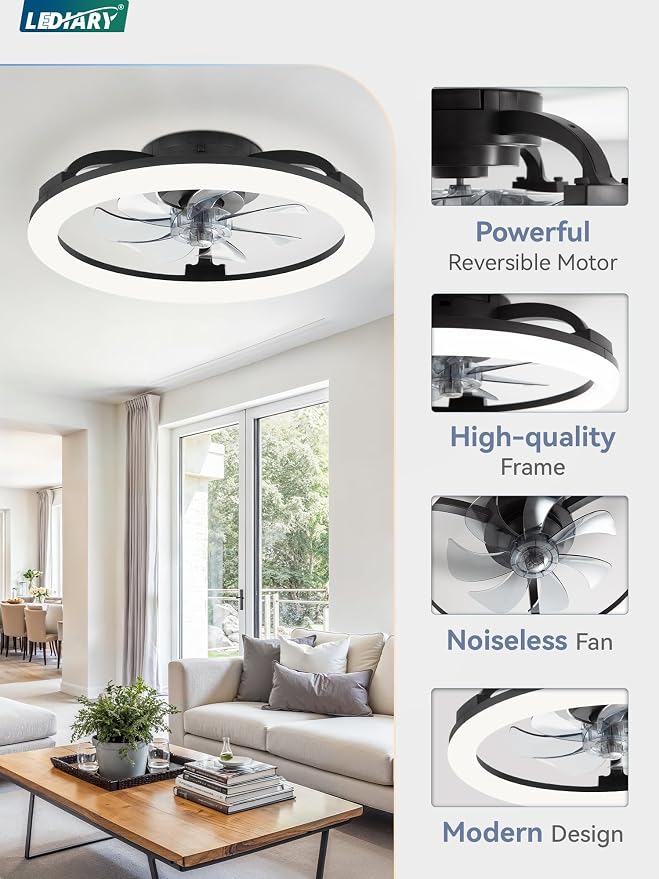 LEDIARY 2 Pack 20 Inch Low Profile Ceiling Fans with Lights and Remote, Dimmable Modern Fan Light(3000K-6000K), 6 Speed, Reversible, APP & Remote Control, Flush Mount Ceiling Fan for Bedroom, Black