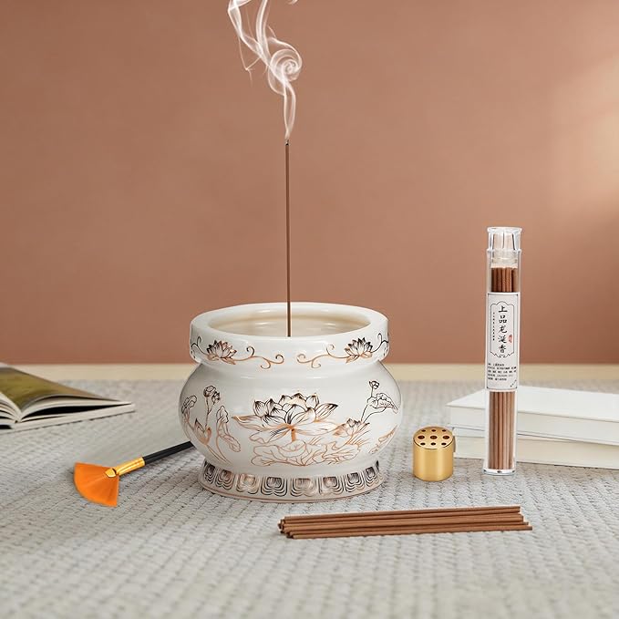 Ceramic Lotus Incense Burner with Brass Stand & Incense Sticks, Ash Catcher Bowl for Meditation Yoga Relaxation, Decorative Incense Holder for Home（White